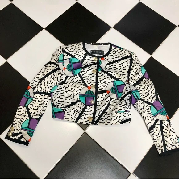 Vintage 80s Louis Feraud Multicolored Memphis Pattern Multicolor Blazer Jacket 6 - Picture 4 of 15
